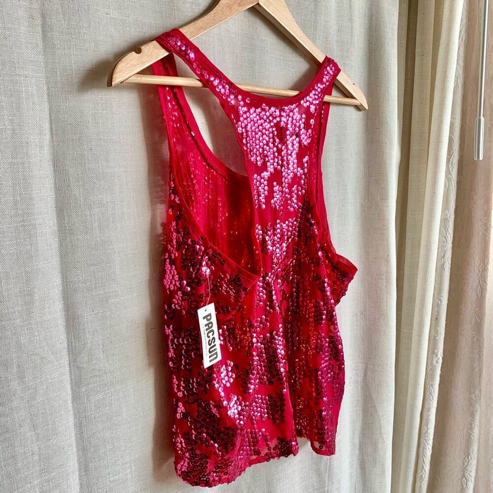 New VTG Nollie Womens Y2K Sequin Cropped Tank Size‎ M Pink NYE Festive Bright - Picture 7 of 16